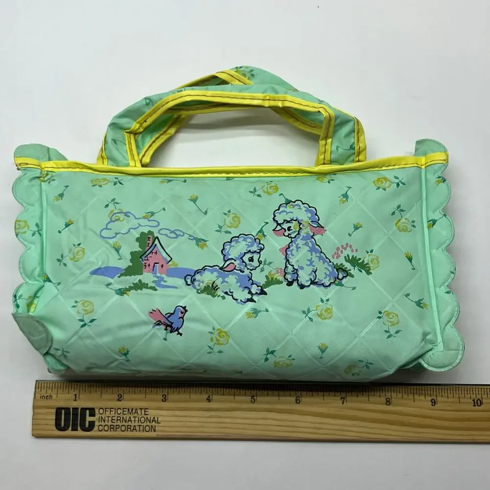 Vintage Lamb Cottage Print Quilted Vinyl Travel Bag Mint Green Yellow Retro Case